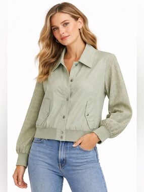 7 For All Mankind Sage Green Eyelet Sleeve Bomber Jacket Medium Soft Girl Chic